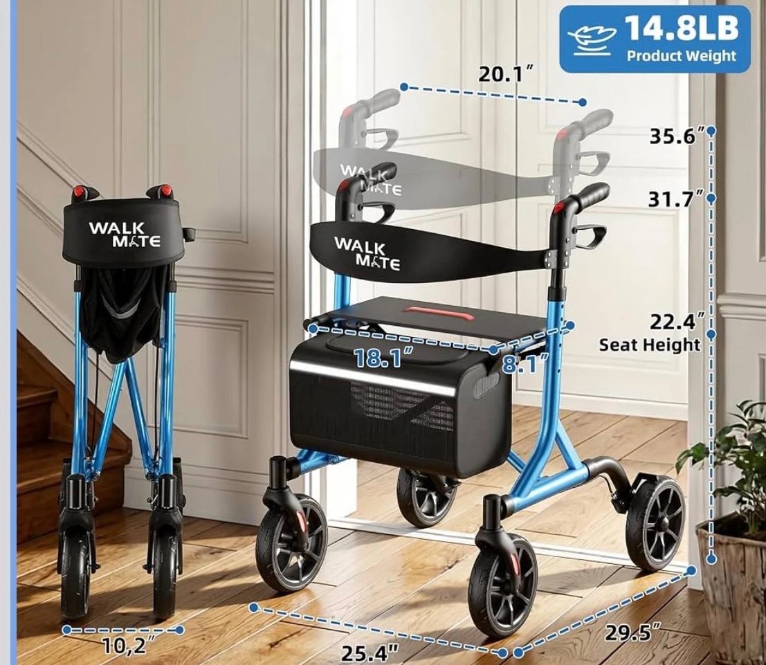 Déambulateur pliable WALK MATE bleu — 14,8 lb, siège et sac — neuf